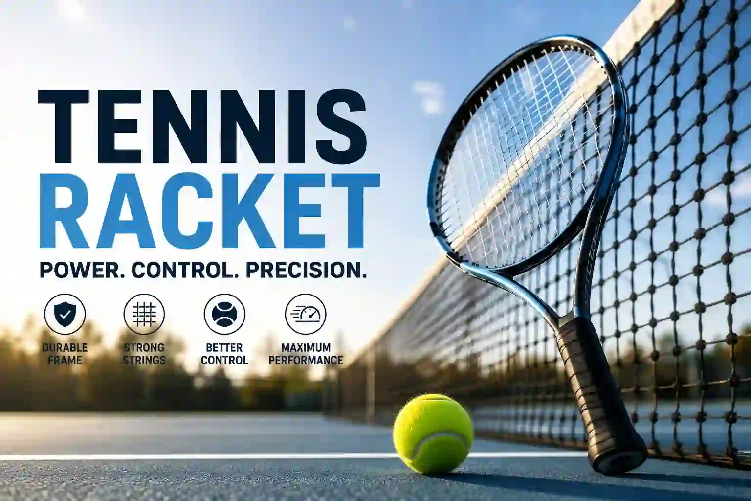Tennis racket and tennis ball on a professional tennis court
