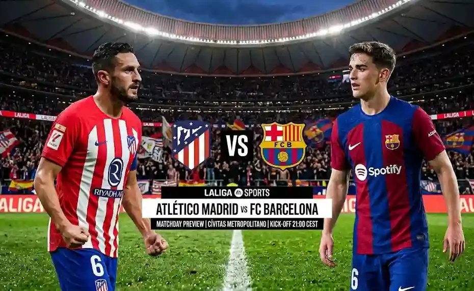 Photorealistic widescreen preview graphic for an Atlético Madrid versus FC Barcelona football match, featuring an Atlético player on the left, a Barcelona player on the right, and broadcast graphics under stadium lights.