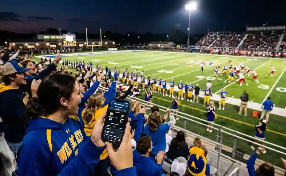 A fan holding a smartphone with a live sports scoreboard app during an energetic high school football game under stadium floodlights.