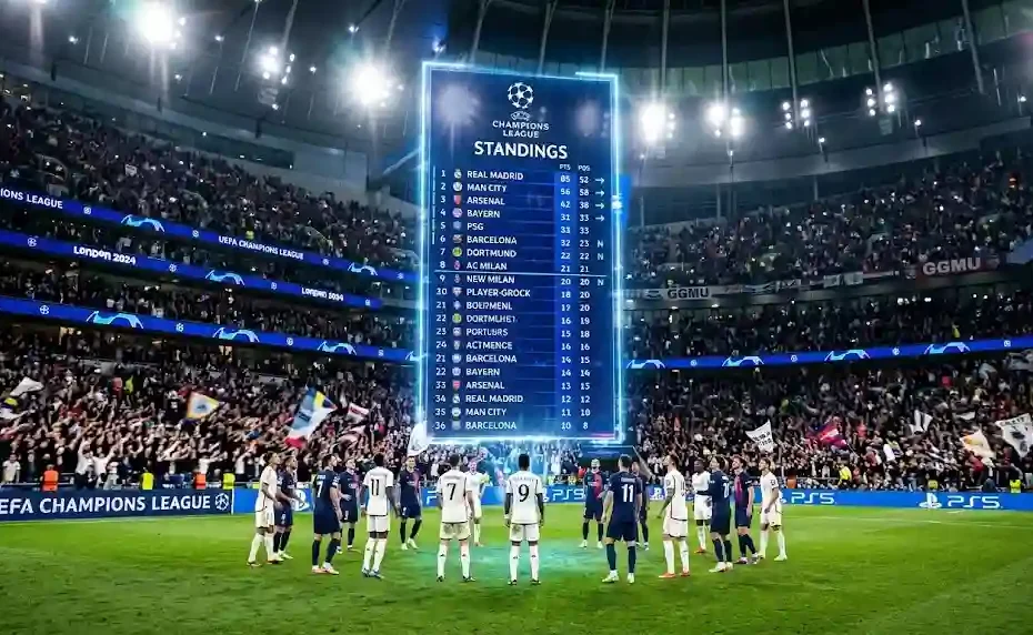 A holographic glowing blue UEFA Champions League single-table standings floating over a crowded stadium pitch at night.