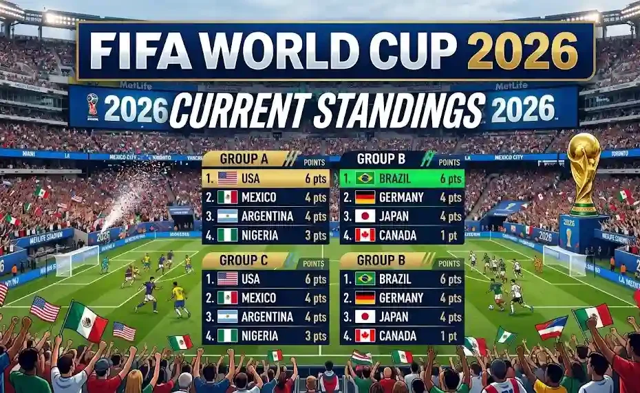 FIFA World Cup 2026 ke group stage ki current standings ka infographic, jis mein Group A aur Group B ki teams, points, aur key players jaisay Messi aur Pulisic nazar aa rahay hain.(Yeh search engines ko batata hai ke image kis baray mein hai, aur visually impaired users ke liye bhi madadgar hota hai.)
